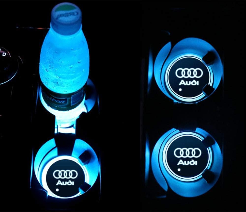 YOJOHUA 2.56 Inch LED Cup Holder Lights, for Audi Accessories Car Logo Coaster with 7 Colors Changing USB Charging Mat, Luminescent Cup Pad Interior Atmosphere Lamp Decoration Light (2 PCS)