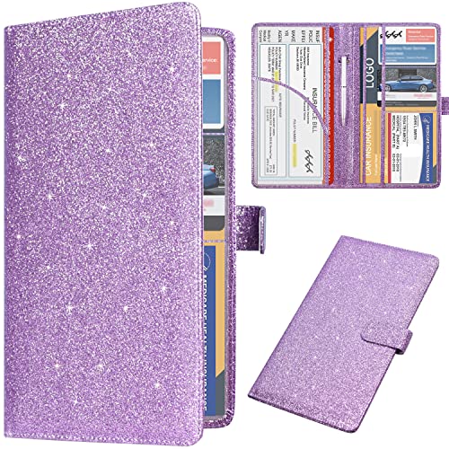 DMLuna Car Registration and Insurance Holder, Leather Vehicle Card Document Glove Box Organizer, Auto Truck Compartment Accessories for Essential Information, Driver License Cards, Glitter Purple