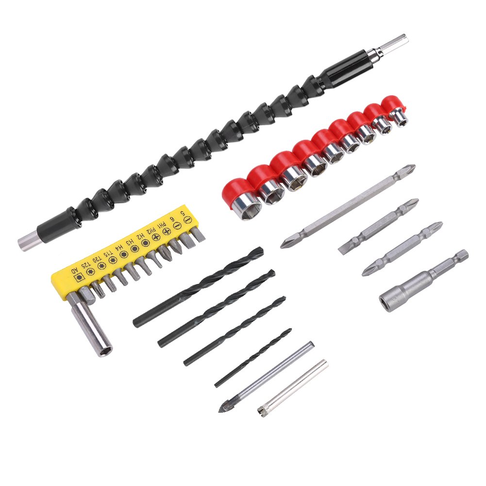 32Pcs Stainless Steel Electric Screwdriver Head Kit, 12 Screwdriver Heads, 10 Drill Bits, 9 Sockets Set, 1 Extension Shaft