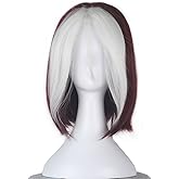Women Short Wavy Burgundy Brown and White Strands Hair Cosplay Costume Wig C350