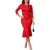 ZonJie Women Work Business Plaid Dress Casual Button Long Sleeve MIdi Dress Classy Bodycon Wedding Guest Dresses