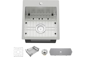 KOARDINK Kitchen And Bar Sink, 15x17 Inch Stainless Steel Drop In Kitchen Sink Modern Single Bowl Topmount Bar Sink Combo-SS Grid,Silicon Mat,Drain Strainer Set Compatibility With Various Kitchen & Bar Style