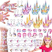Pawliss 60 Pack Unicorn Party Favors Supplies, Masks, Rings, Bracelets, Keychains, Tattoos, Kids Girls Birthday Novel Rainbow Gifts Toys, for 12 Guests