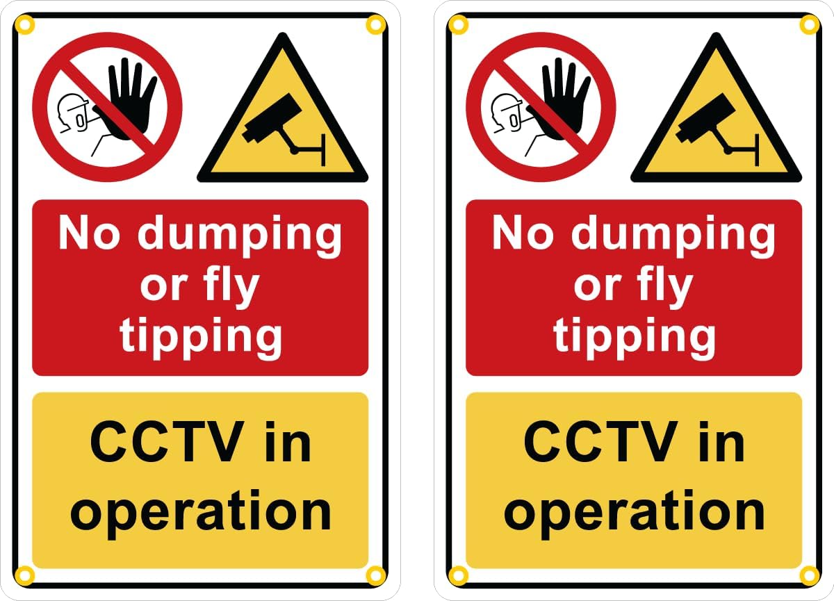 No dumping or fly tipping CCTV in operation - Pack of 2 200mm x 300mm plastic signs with rounded corners and eyelets