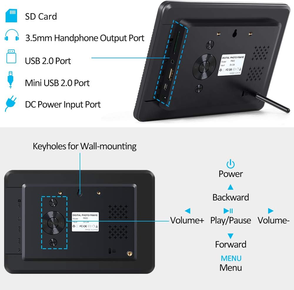 Digital Picture Frame 8 Inch Digital Photo Frame HD 1920X1080P with Remote Control 16:9 IPS Display Auto Slideshow Zoom Image Stereo Video Music Player Support USB SD Card 180° View Angle (Black) : Electronics