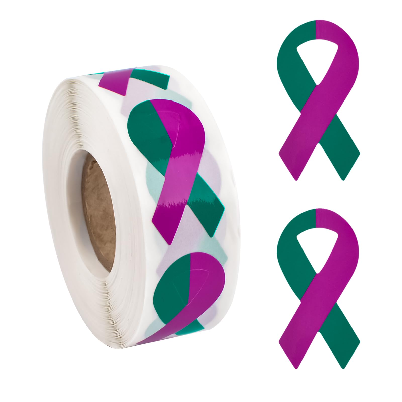 WANDIC Teal&Purple Ribbon Sticker, 500 Pcs Suicide Prevention Awareness Stickers Labels Roll Sexual Assault Awareness Ribbon Package Sealing for Event Gift Letter Bags — image 1