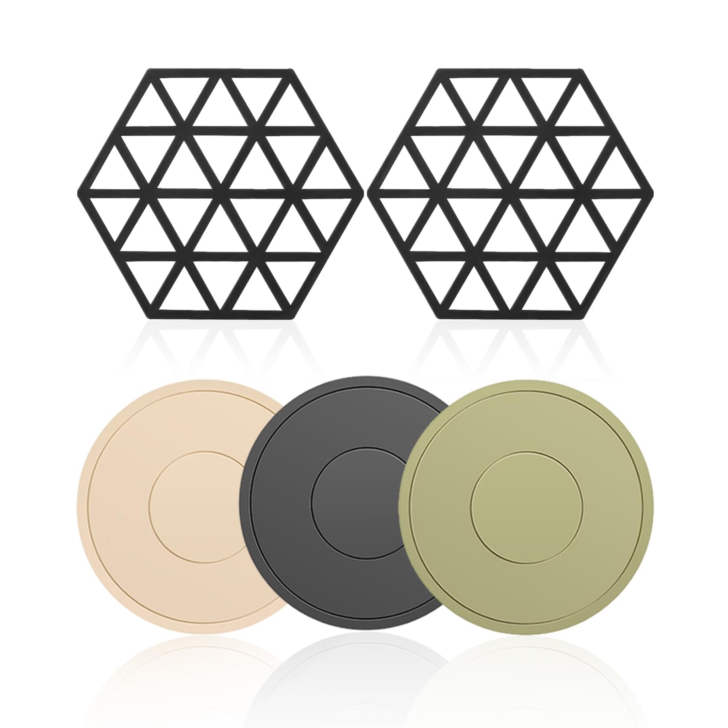 TYGFRT 3 Silicone Bowl Mats, 2 Black Coasters, Silicone Pot Mats, Silicone Coasters, Round Silicone Mats, Pot Coaster Set