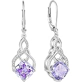 Rocayi Princess Cut Leverback Dangle Drop Earrings 925 Sterling Silver Infinity Knot Earrings Birthstone Jewelry Gifts for Women