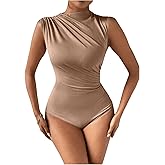 Milumia Women's Ruched Tank Top Sleeveless Mock Neck Bodysuit Fitted Jumpsuit Tops