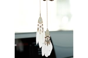 YGMONER Mini Dream Catcher Car Interior Rearview Mirror Hanging Decor Nature Feather Small Boho Car Charms Pendant Accessories (New White)
