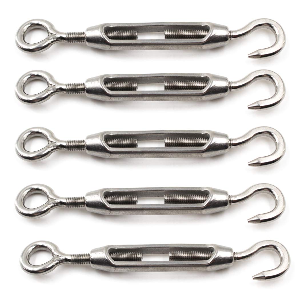 M8 304 Stainless Steel Hook & Eye Heavy Duty Turnbuckle Wire Rope Tension For Wire Rope Cable Pack Of 5