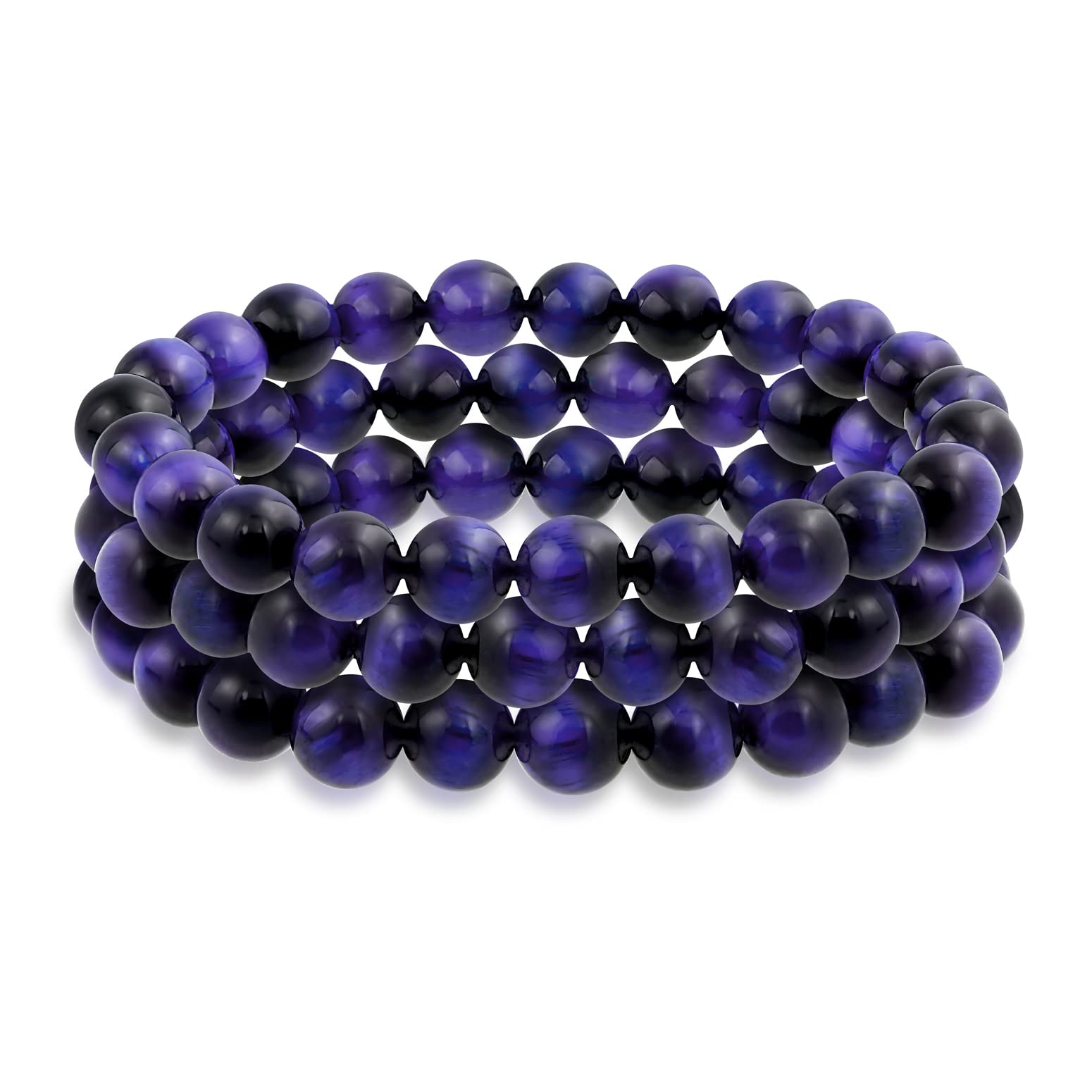 Bling Jewelry Set Of 3 Semi Precious Gemstone Purple Tiger Eye Round Bead 8MM Stacking Stretch Bracelet For Women Men Teen Unisex Single Strand