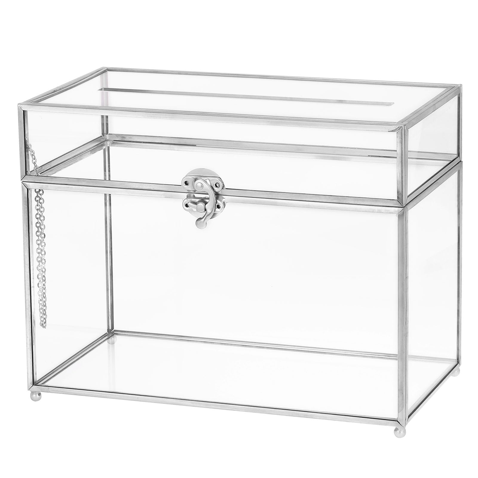 Photo 1 of uxcell Glass Card Box Wedding Card Box with Lock for Wedding Reception, 10" x 6" x 8" Envelope Card Holder for Reception, Graduation, Gift Cards, Silver