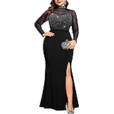 ZOMVA Plus Size Sparkly Split Maxi Dress Sexy Sheer Mesh Long Sleeve Mock Neck Mermaid Evening Gown Cocktail Club Formal