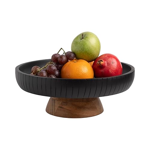 Mango Wood fruit bowl, Decorative black bowl with natural finish pedestal  12