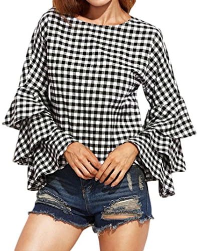 FAPIZI Women's Blouse Spring Summer Fashion Flare Sleeve Loose Polka Plaid Shirt Ladies Casual Short Tops