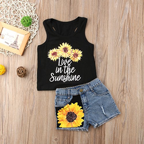 2Pcs/Set Fashion Toddler Kids Baby Girl Sleeveless T-Shirt Top+Floral Denim Shorts Outfits (Style 2, 1-2 Years)
