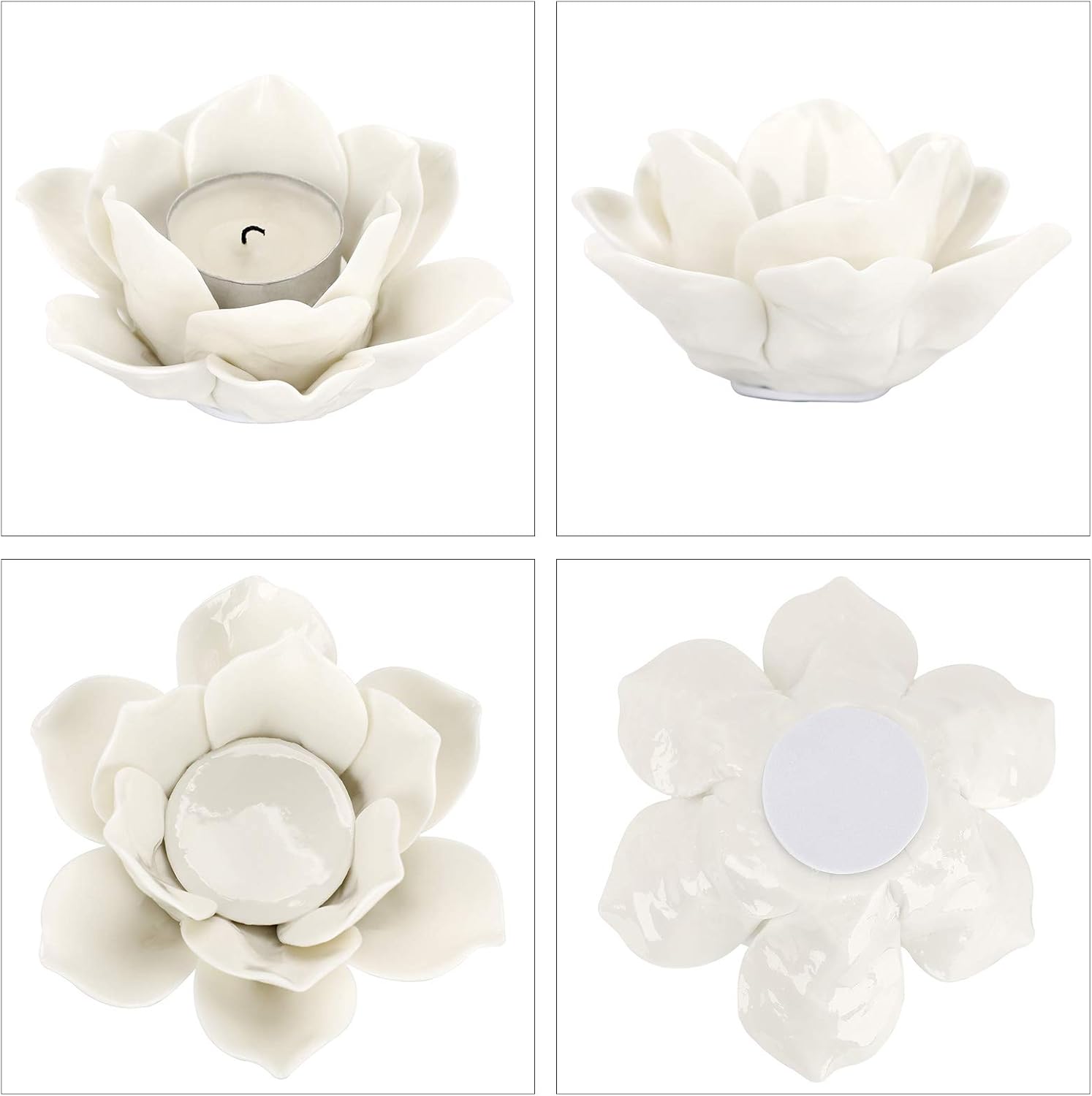 OwnMy 4.5 Inch Ceramic Lotus Flower Tea light Holder Lotus Petals Candle Holder Candlestick, Votive Flower Tealight Candle Holder Candle Lamps Holder with Gift Box for Home Decor Wedding Party (White): Kitchen & Dining