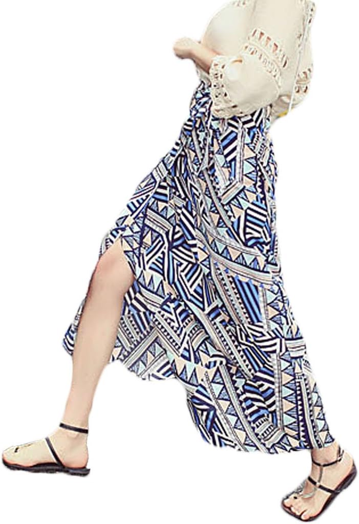 CTU Womens A Line High Waisted Bow Tie Asymmetrical Hem Geometric Printed Chiffon Maxi Long Skirt Beach Skirt