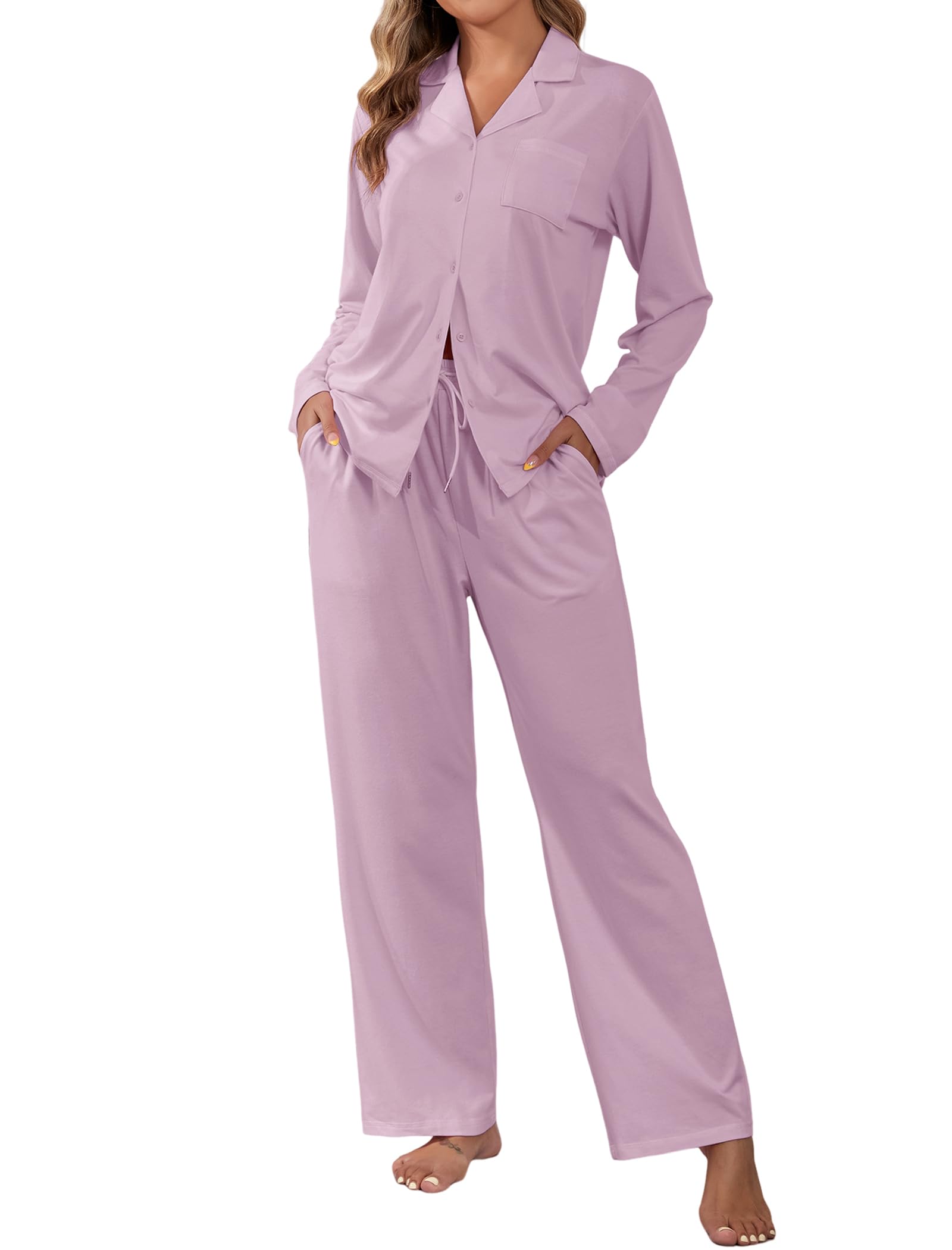 ZAFUL Women's Cotton Pajamas Sets Notch Long Sleeve Sleepwear Button Down Nightwear Soft Pjs Lounge Sets Taro Purple XL