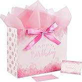 Jaywayang 15.7" Extra Large Pink Happy Birthday Gift Bag with Ribbons, Card and Tissue Papers for Girl Women Birthday Party.