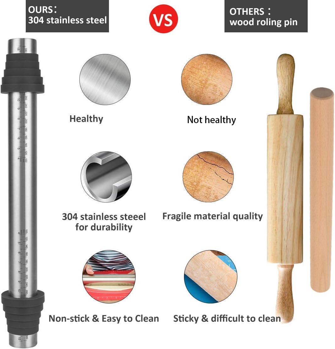 Adjustable Rolling Pin with Thickness Rings for Baking -Non Stick Stainless Steel Dough Roller Pin with Bands for Cookie, Wood, Wooden and Bread(15.8 '', Grey): Kitchen & Dining