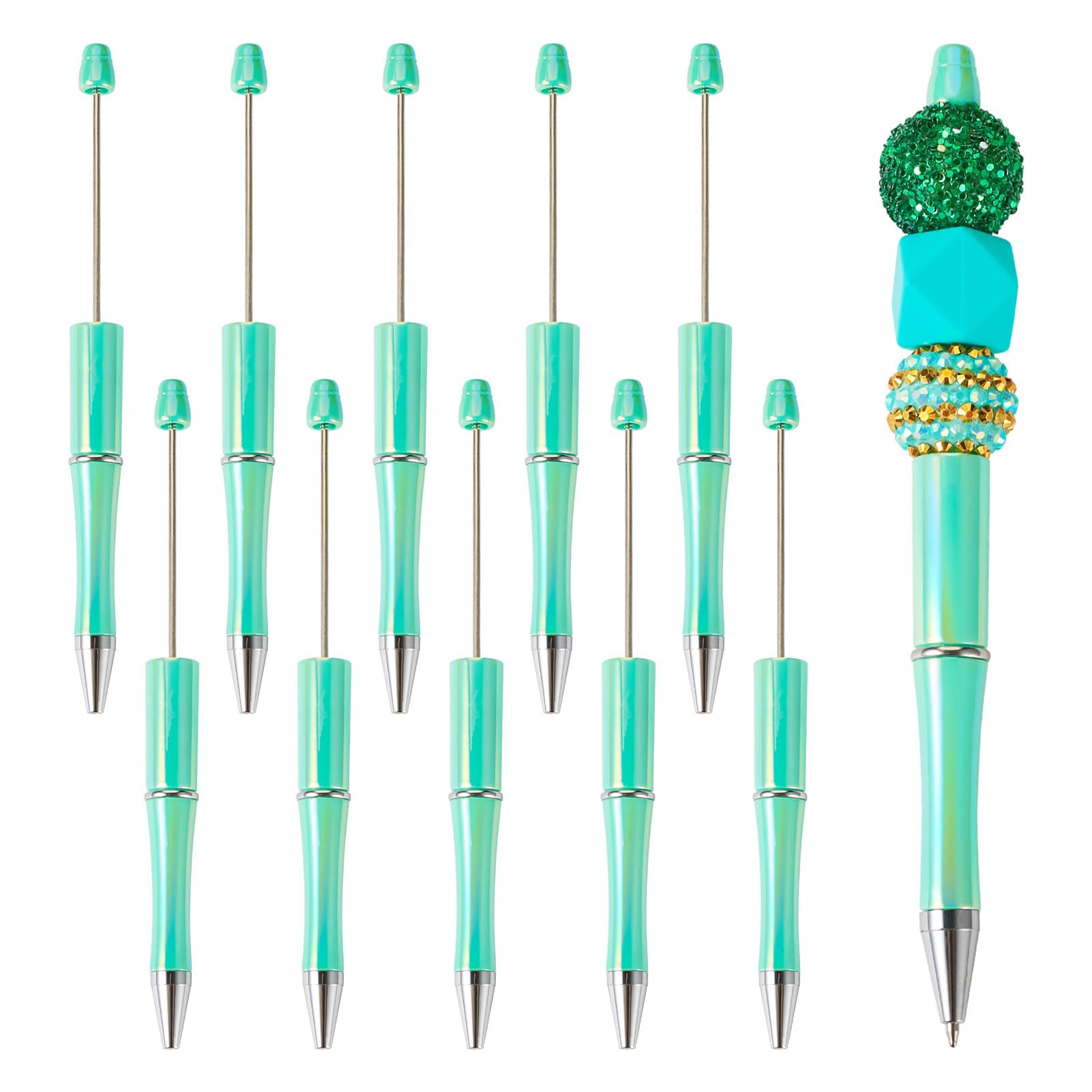 Beadthoven 10pcs Plastic Beadable Pen Bead Ball-Point Pen Shaft Black Ink Ballpoint Pens for DIY Personalized Beaded Pen Office School Supplies, Pale Green