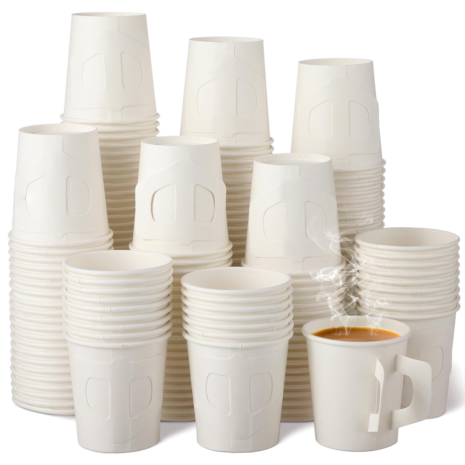 Photo 1 of Funtery 200 Count 4 oz Disposable Espresso Cups Bulk with Handles White Disposable Paper Cups for Coffee Espresso Tea Hot Cold Drinking Beverage Cocoa Juice Birthday Events Party Office Supplies