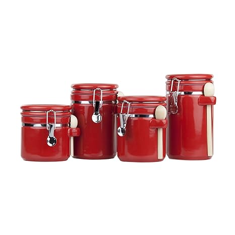Home Basic 4 Piece Ceramic Canister Set With Spoon Red By Home