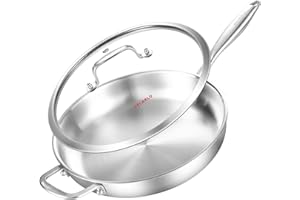 DELARLO Tri-Ply Stainless Steel Pan with Lid 12inch丨Compatible with All Cooktops Up to 600℉丨Stainless Steel Skillet 12 inch丨H