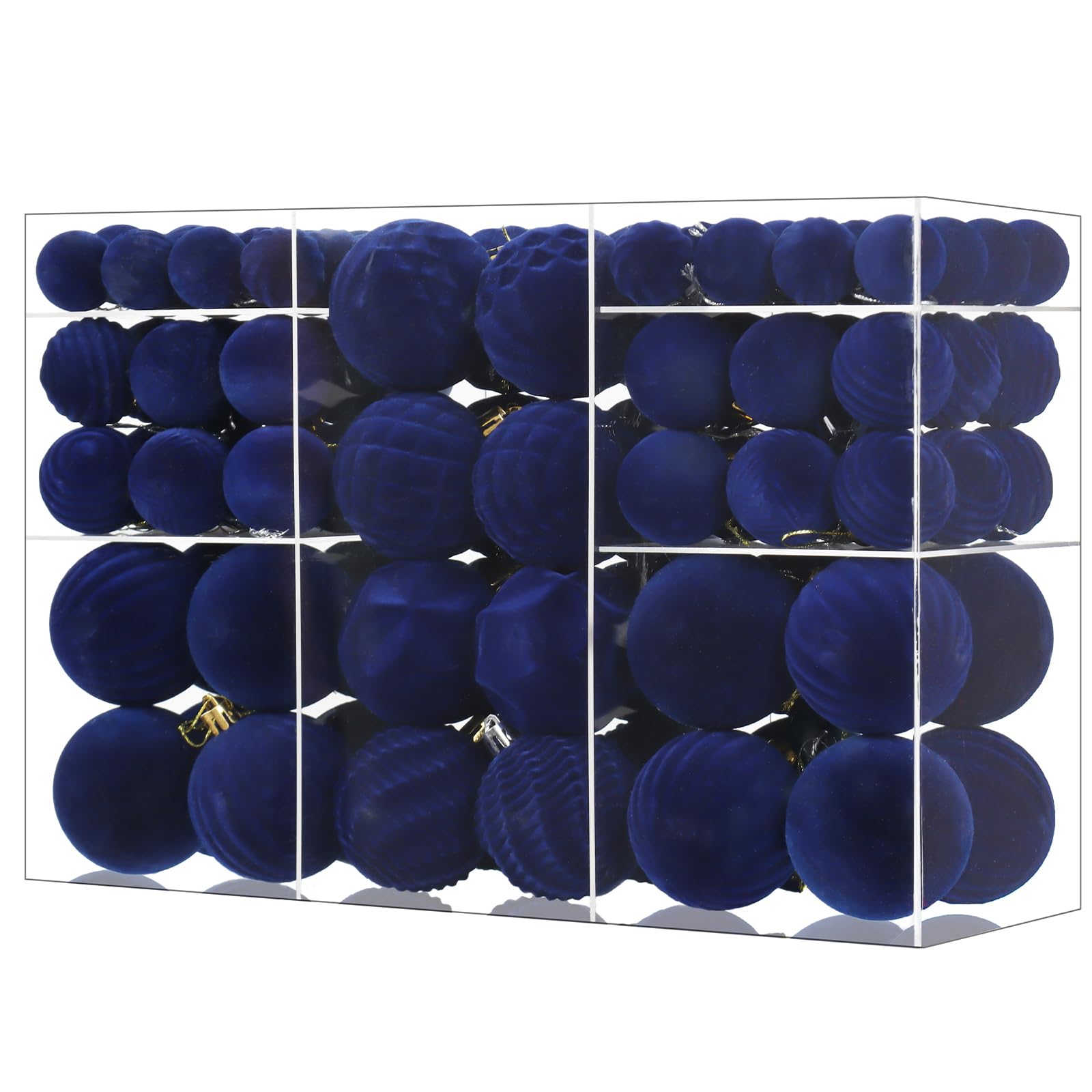 Photo 1 of 100Ct Navy Blue Velvet Ornaments for Christmas Tree, Shatterproof Flocked Christmas Ball Ornaments Plastic Assorted Xmas Decorations Bulk Set with Pre-Tied String for Holiday (Navy Blue)