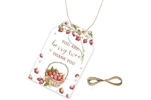 FORSHEEP 50pcs Strawberry Thank You Tags, Berry Sweet Gift Tag with String for Baby Shower Party, Thank You Paper Tags for Girl Birthday/Sweet One Party Favors