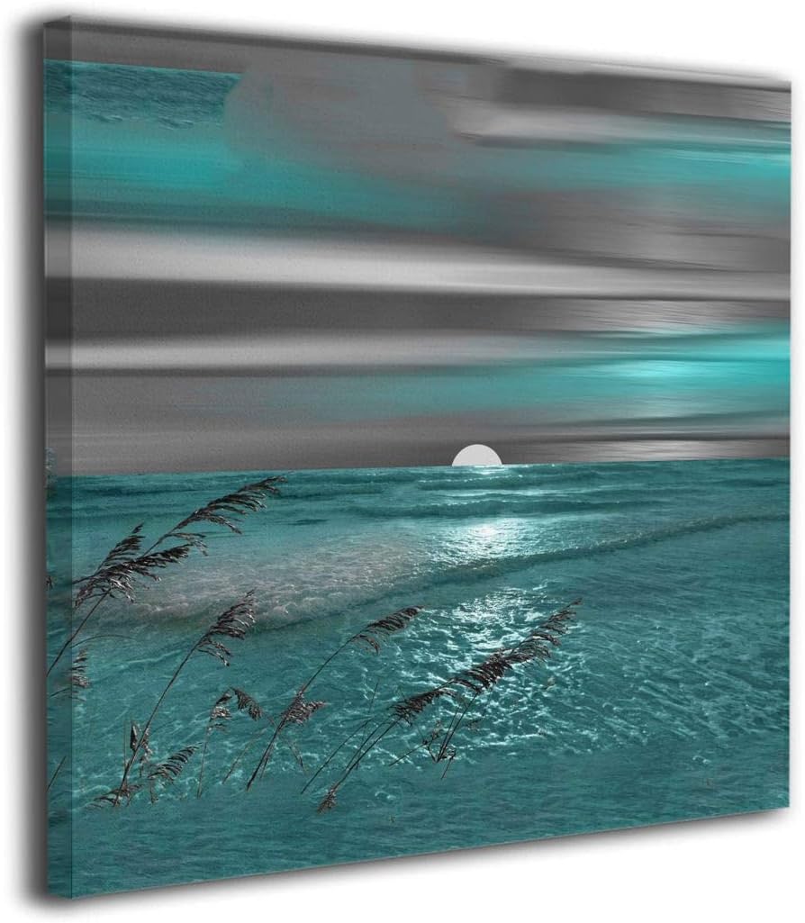 Okoart Canvas Wall Art Prints Teal Grey Coastal Beach Picture Paintings Modern Decorative Artwork for Living Room Wall Decor and Home Decor Framed Ready to Hang