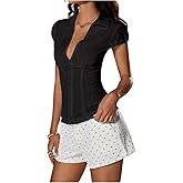 Milumia Women's Deep V Neck Button Down Shirt Textured Collared Cap Sleeve Going Out Blouse Tops