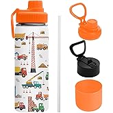 Uibunoo Cartoon Car Excavator Water Bottle for Son, Stainless Steel Insulated Tumbler for Home with 2 Lids & Handle, Antislip Silicone Boot, 18oz Reusable Leak-Proof Bottle for Sports, 1 PCS