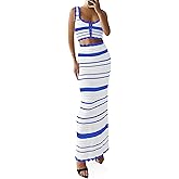 Saodimallsu Womens 2 Piece Sets Summer Striped Crochet Knit Coverup Sleeveless Button Crop Tank Top Bodycon Maxi Skirt