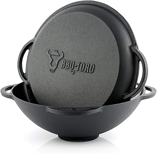 BBQ-Toro Gusseisen Kazan mit Deckel I Traditioneller Gusstopf I Kasan mit abgeflachtem Boden I Grillwok schwarz (6,9 Liter)
