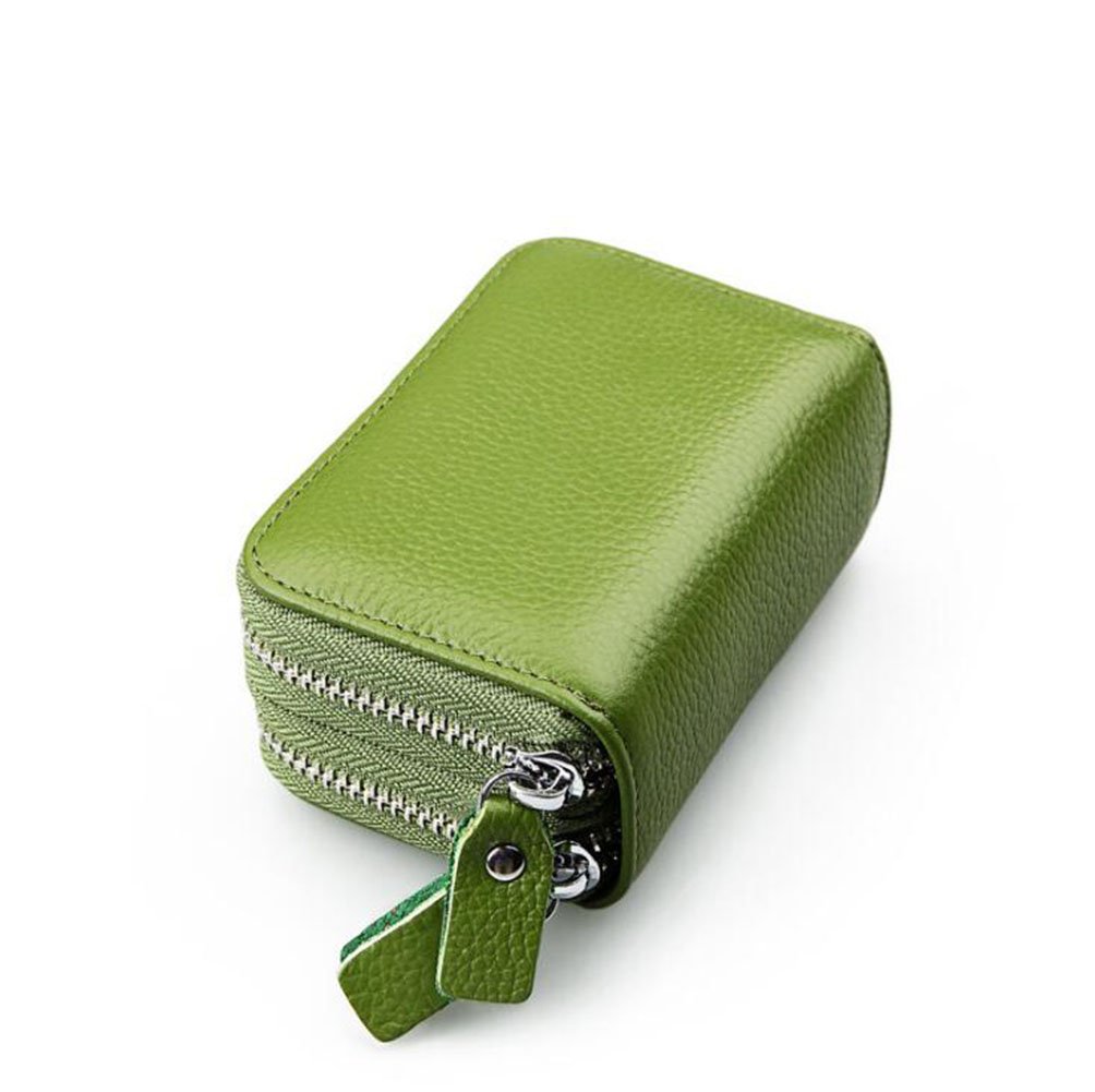 AprinCtempsD RFID Blocking Women's Credit Card Holder Genuine Leather Ladies Small Coin Purse Men's Mini Card Wallet with Double Zipper (Green)