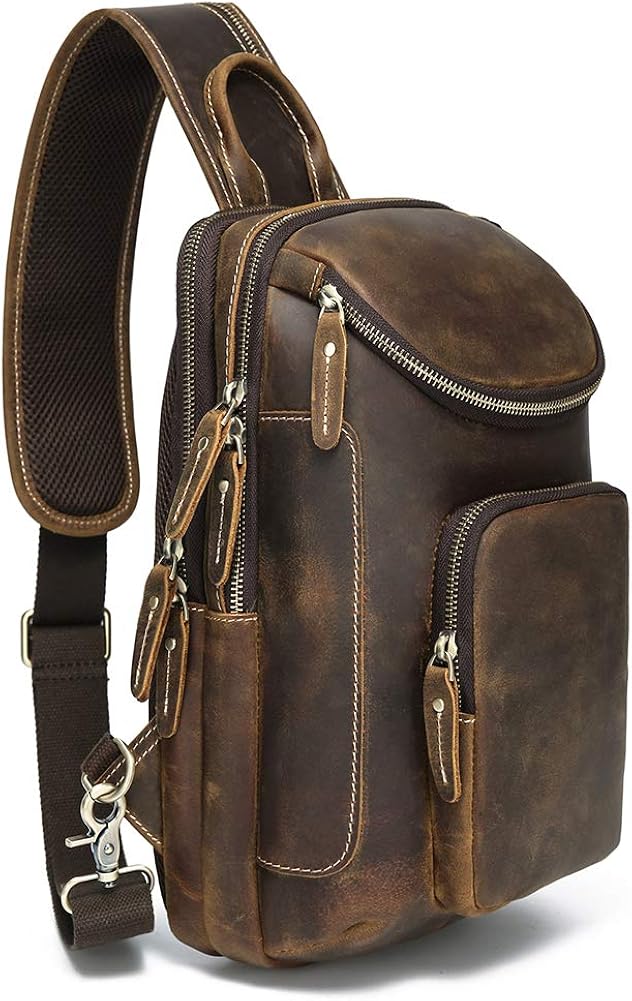 Lannsyne Vintage Full Grain Leather Sling Bag Crossbody Chest Daypack Amazon.co.uk Clothing
