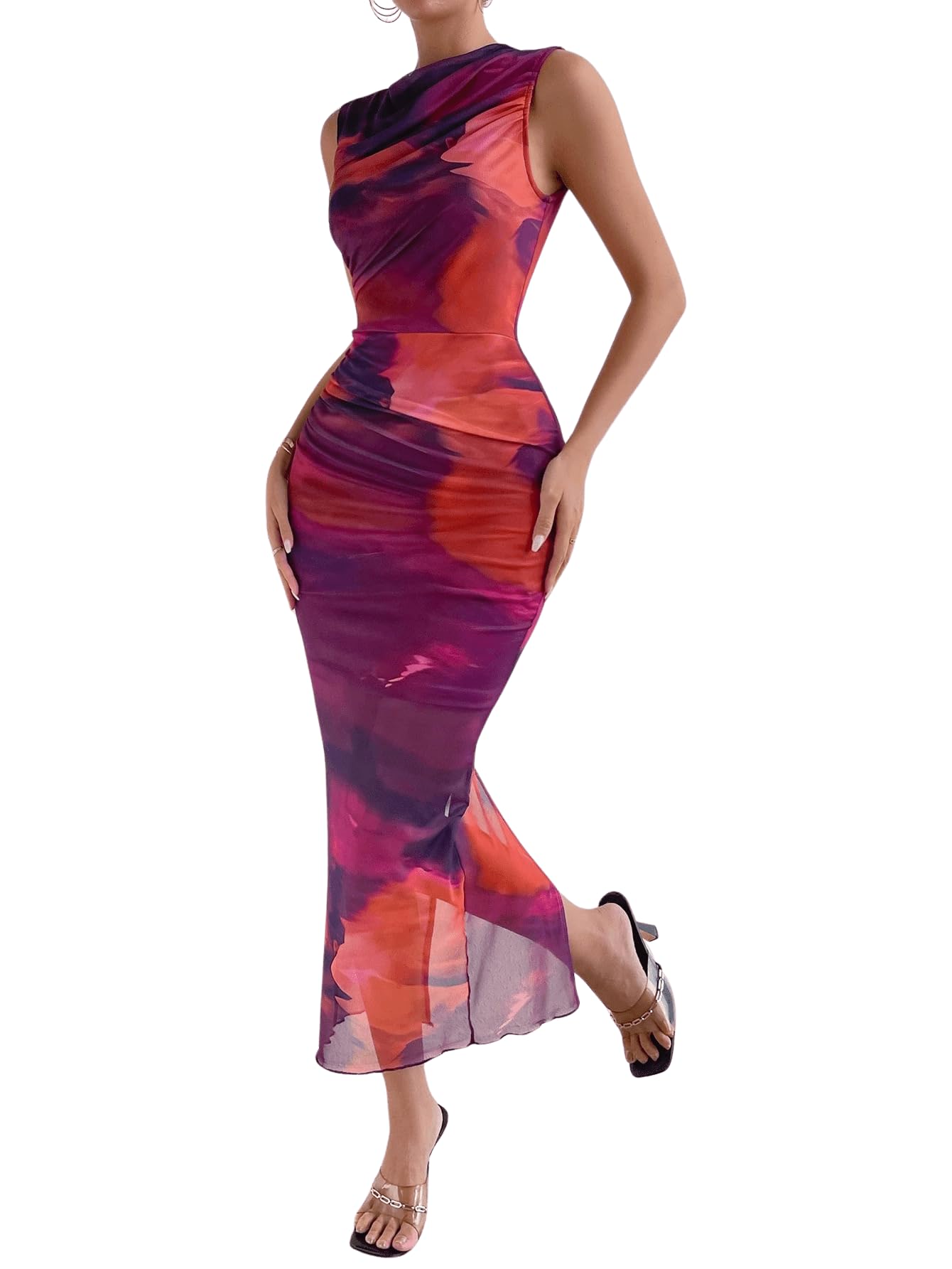 Photo 1 of **USED**Floerns Women's Sleeveless Tie Dye Mock Neck Ruched Slit Hem Party Bodycon Dress Purple Multi Large