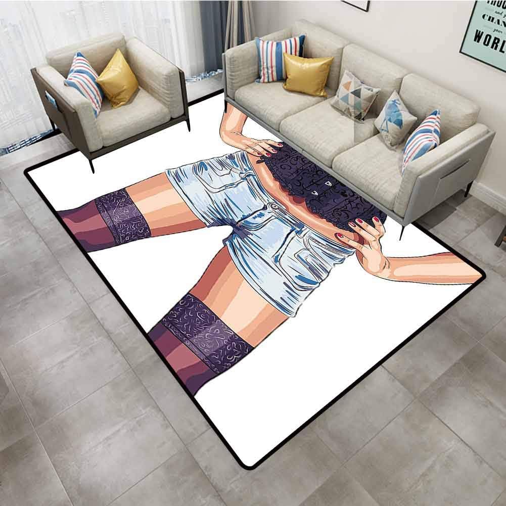 Kitchen Rugs Fashion Stylish Young Woman Figure Wearing Jean Shorts and Stockings Artwork Illustration Multicolor Carpet Squares 6'x9'