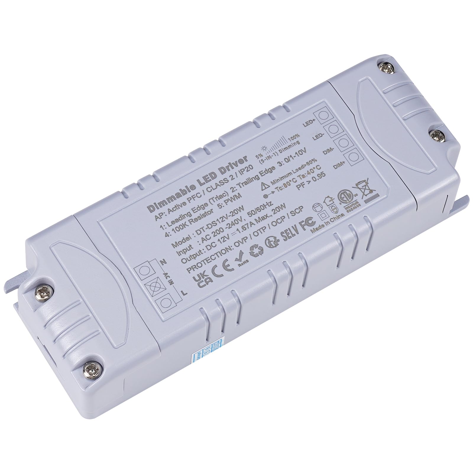 VARICART LED Driver 12V 20W Dimmable, Triac & 0-10V&1-10V & PWM & 100k Resistor, LED Transformer 240V to 12V DC 1.66A, Constant Voltage Power Supply, Low Voltage Transformers for LED Strip Lights