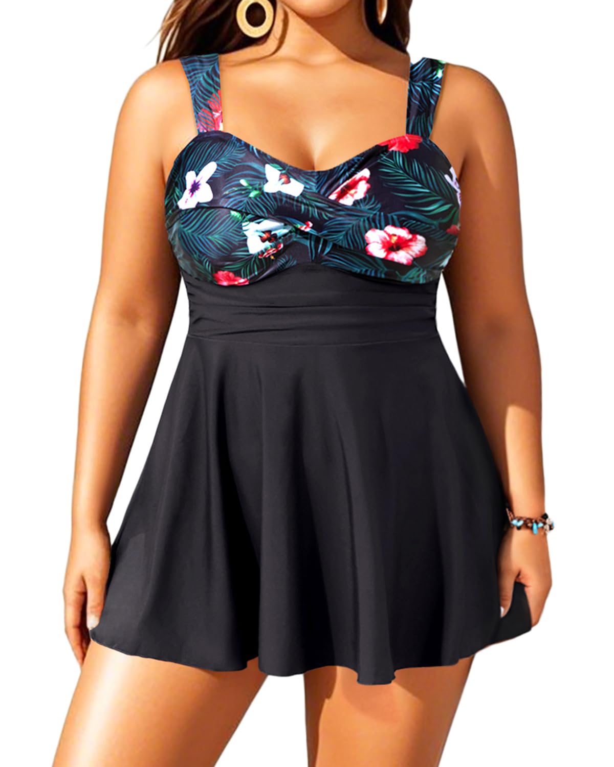 Photo 1 of Aqua Eve Plus Size Two Piece Swimsuits for Women Tankini Bathing Suits Flowy Swim Dress with Shorts Floral Black-1 12W