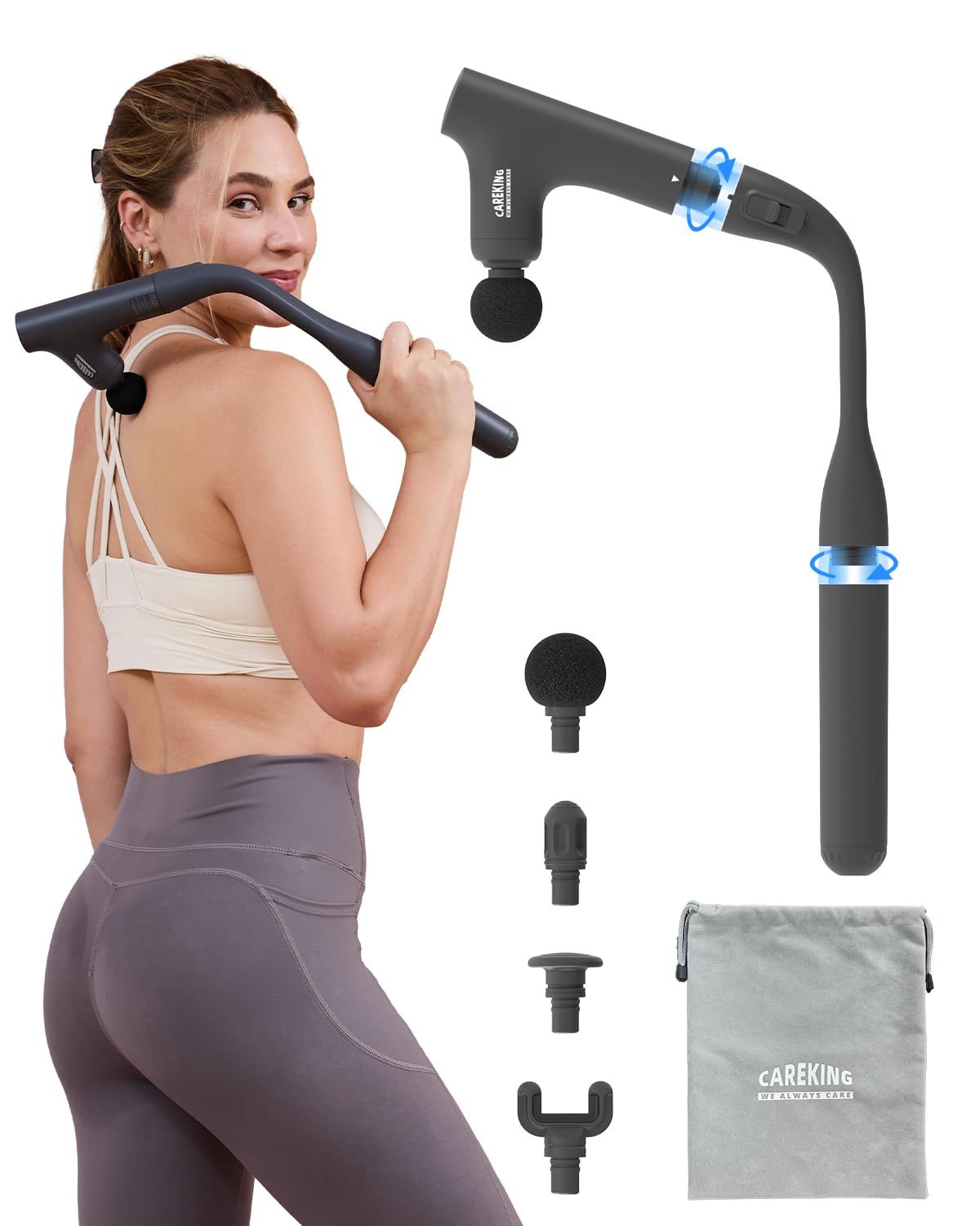 Photo 1 of CAREKING 3-in-1 Detachable Massage Gun Deep Tissue, Ergonomic Extension Handle Back Massager for Pain Relief, Portable Percussion Muscle Massager for Shoulder, Thigh, Waist & Neck