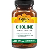 Country Life Choline 266mg, Certified Gluten Free, Certified Vegan, Certified Halal - 100 Tablets