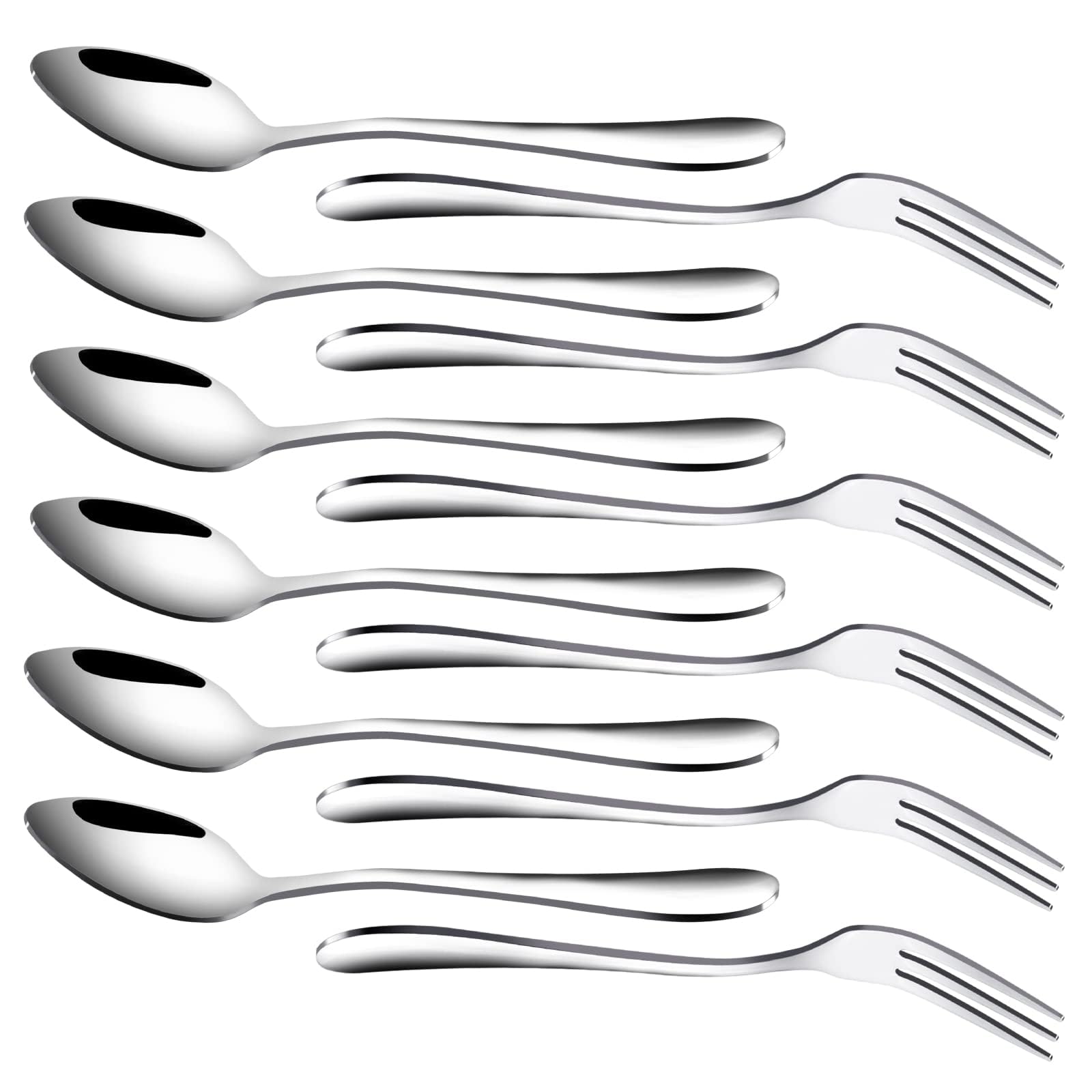 RETON 12 Pcs Stainless Steel Dessert Forks and Spoons Set, 3 Tines Cake Fruit Steak Fork and Teaspoon Coffee Scoops for Home, Wedding, Party, Café, Restaurant, Gift (6 Forks+6 Spoons)