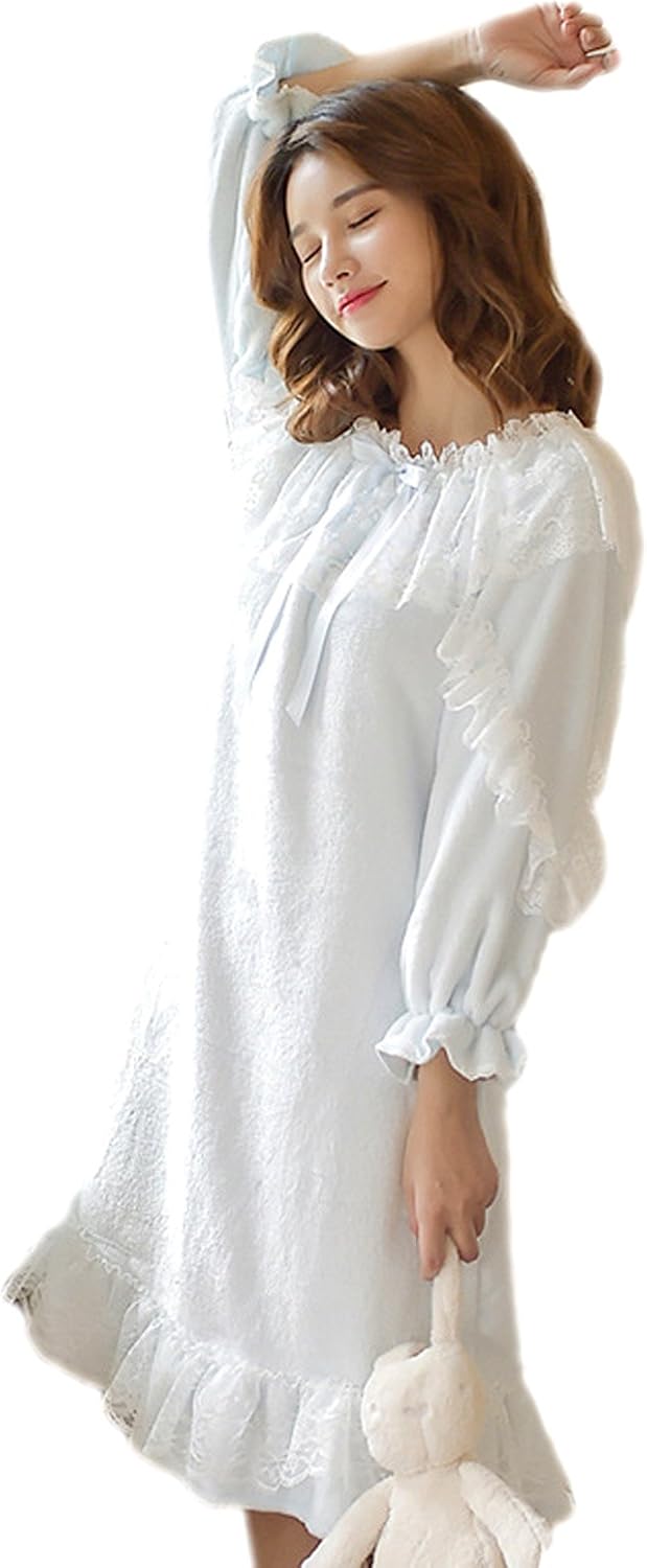 Honeystore ネグリジェ ワンピース ルームウェア ナイティ ベビードール 冬 ふわふわ もこもこ 姫系 レース リボン 水色 ルームワンピース ネグリジェ 通販 Amazon