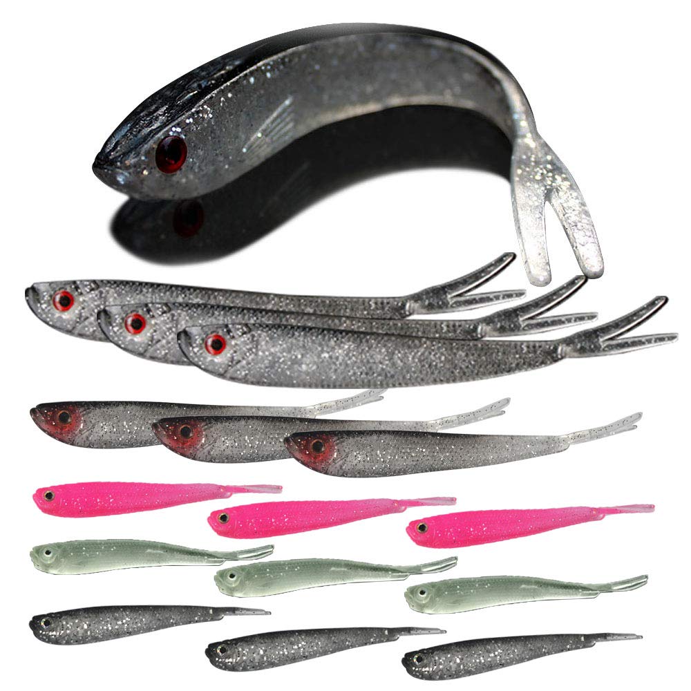 senvenelec artificial fishing lure, 3D fish eyes, soft silicone, fork tail, simulated fishing lure, green environmental protection material, good tensile resistance - 15Pcs.