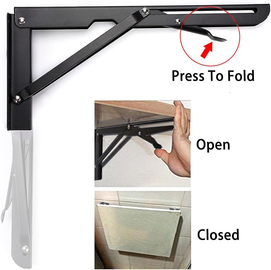 Sumnacon Sturdy Folding Shelf Brackets - Heavy Duty White Metal Triangle Table Bench Folding Shelf Bracket 12 Inch, 2 Pcs Folding Shelf Hinge Wall Mounted, Max Load 132lb(Black): Home Improvement