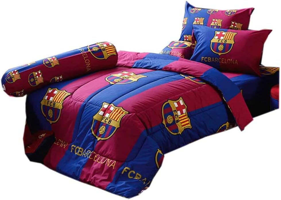 FCB Barcelona Fc Football Club Soccer Team Official Licensed Bedding Set, 1 Fitted Bed Sheet, 1 Pillow Case, 1 Bolster Case, 1 Comforter BC002 Set A+1 (Twin 42"x78" +Comforter)